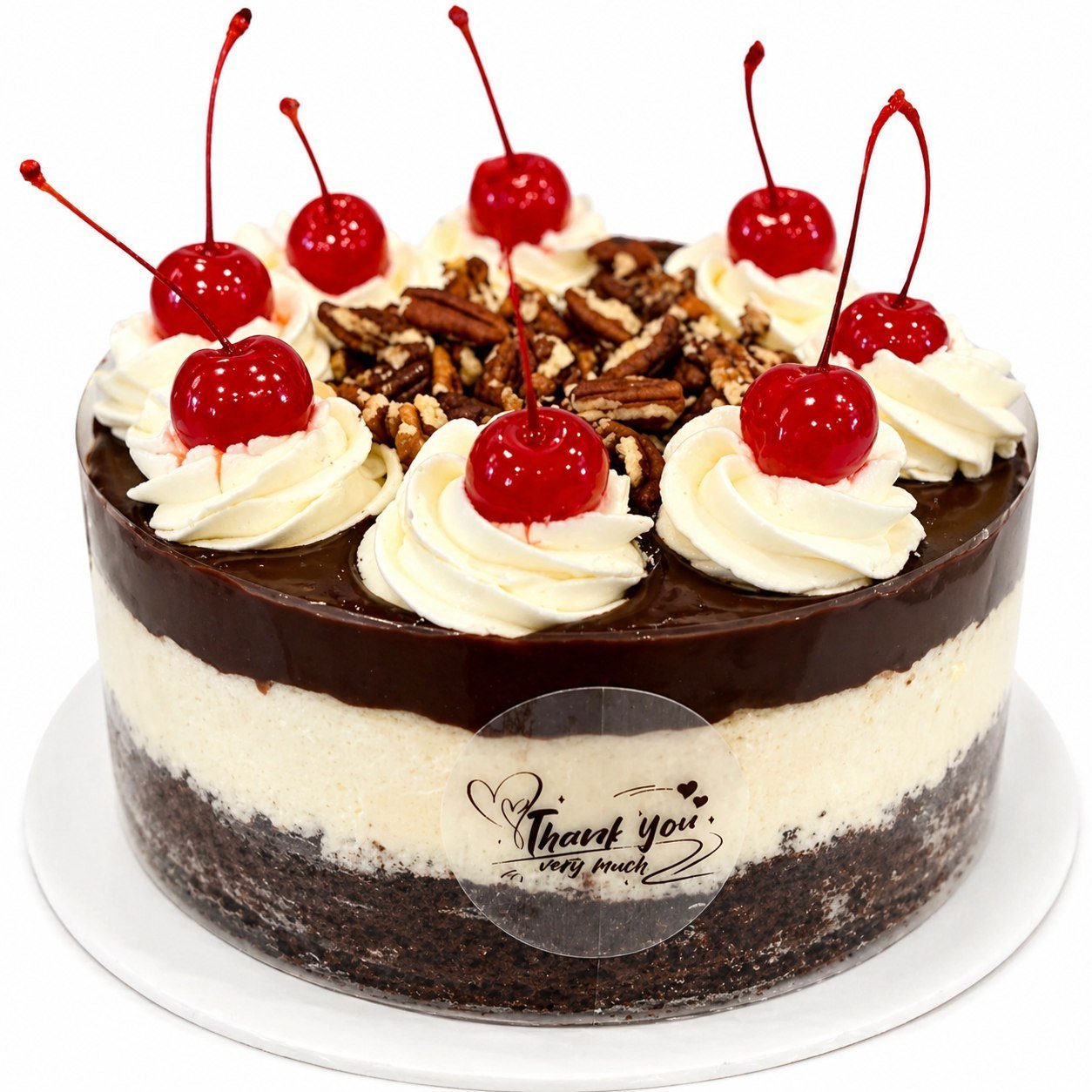 Custom cherry cheesecake with whipped topping and pecans